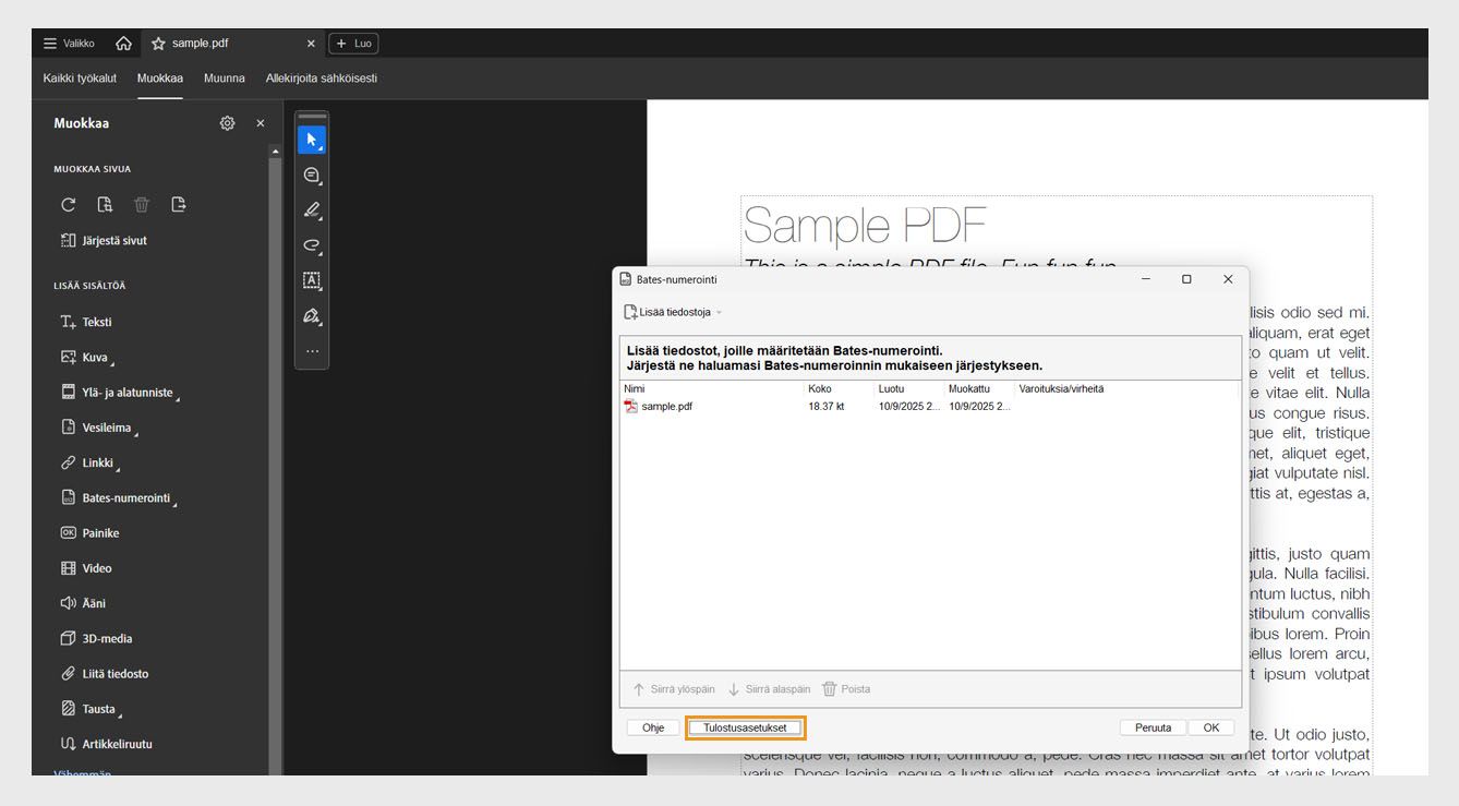 Bates-numerointi-valintaikkunassa näkyy Lisää tiedostoja -valikko, josta voit sisällyttää asiakirjoja Bates-numerointiin. Luetteloidussa tiedostossa näkyvät nimi, koko, luonti- ja muokkauspäivämäärät sekä varoitusten ja virheiden tiedot. Tulostusasetukset-vaihtoehto on korostettu.