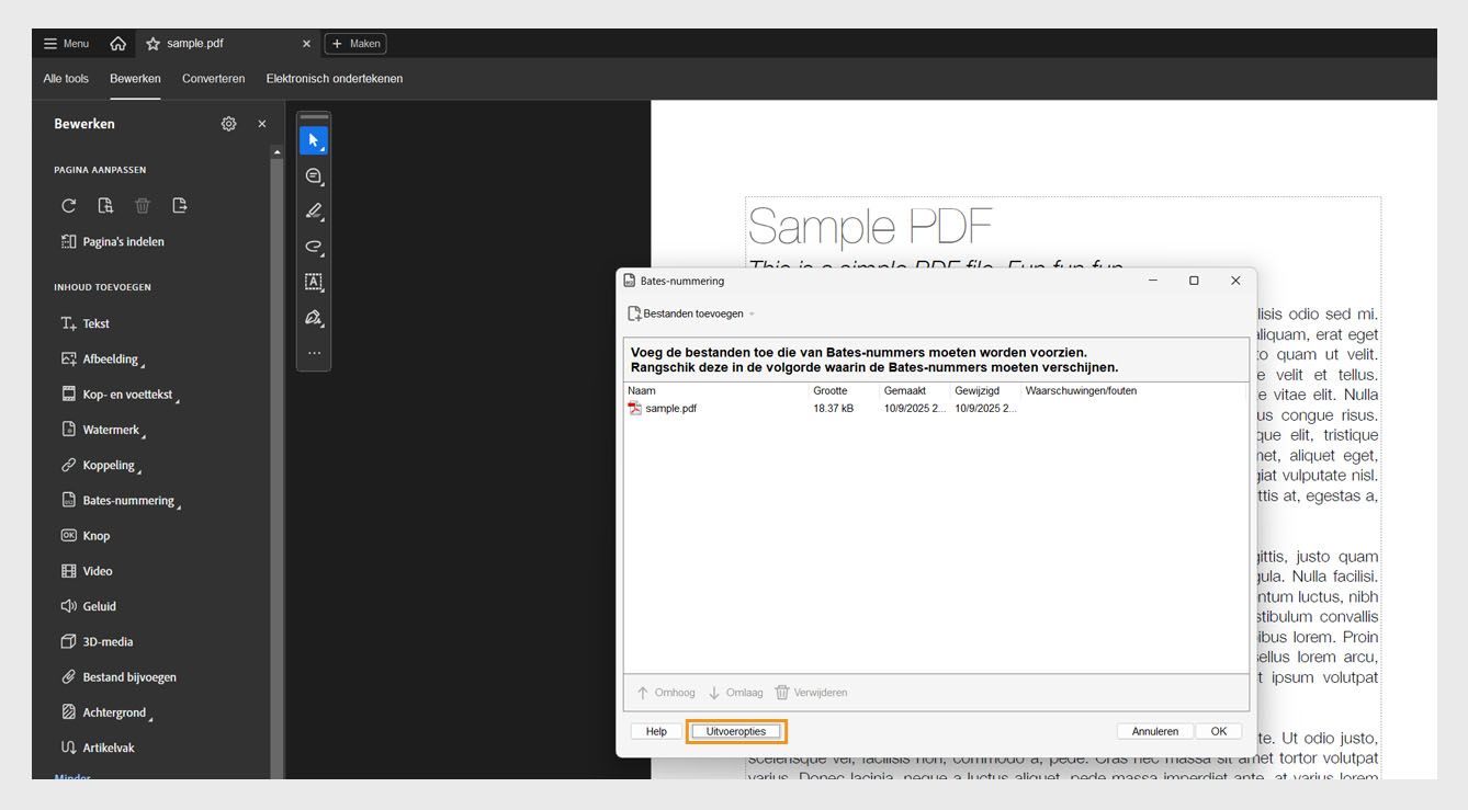 Het dialoogvenster Bates-nummering toont het menu Bestanden toevoegen om documenten op te nemen voor Bates-nummering. In het weergegeven bestand worden de naam, grootte, de datum van aanmaak en wijziging en details over waarschuwingen/fouten weergegeven. De optie Uitvoeropties is gemarkeerd.