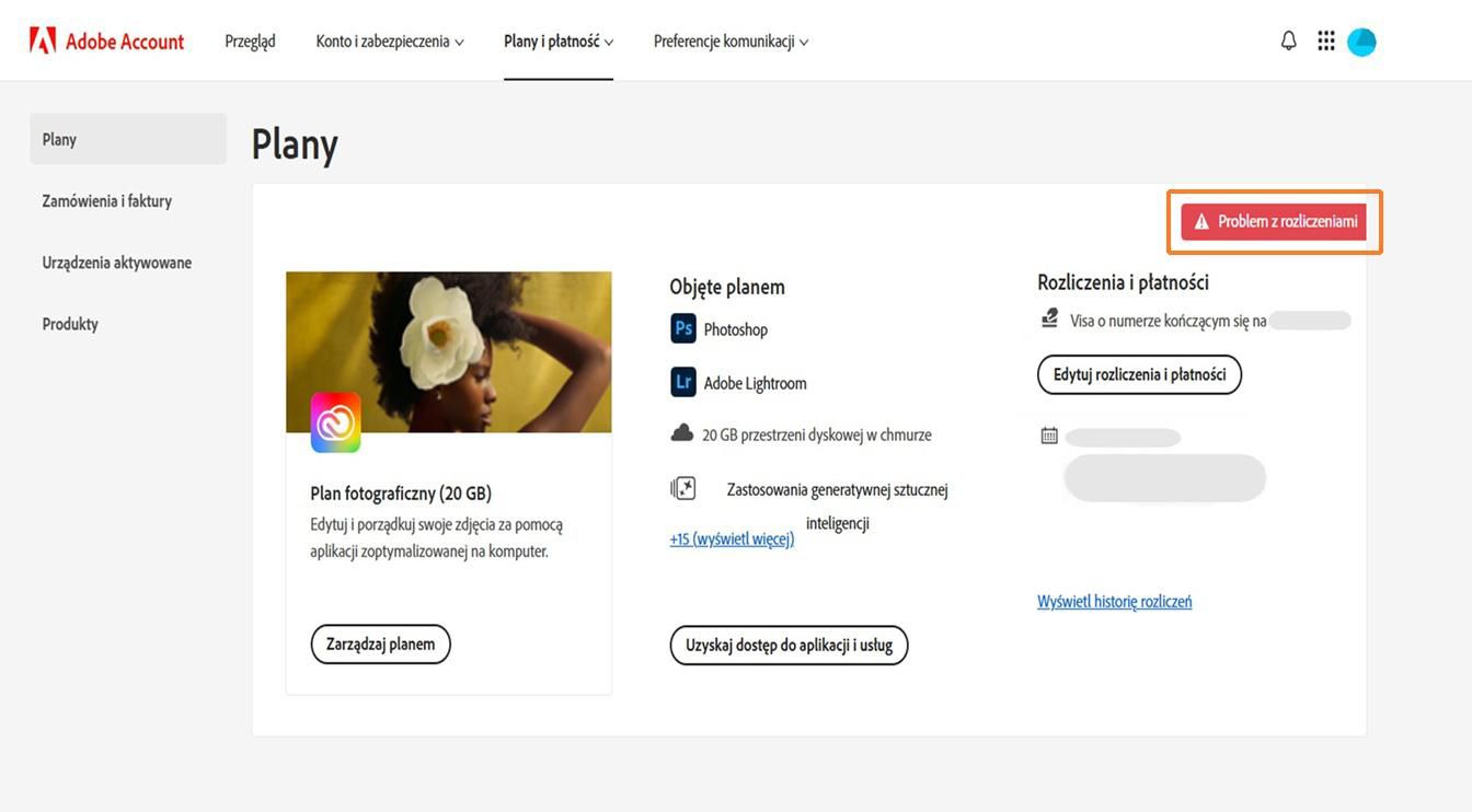 Alert Problem z rozliczeniami, znajdujący się w prawym górnym rogu karty planu, wskazuje, że płatność się nie powiodła.