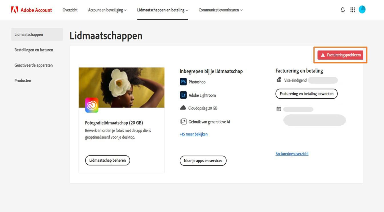 De waarschuwing Factureringsprobleem, rechtsboven op een lidmaatschapskaart, geeft aan dat je betaling is mislukt.