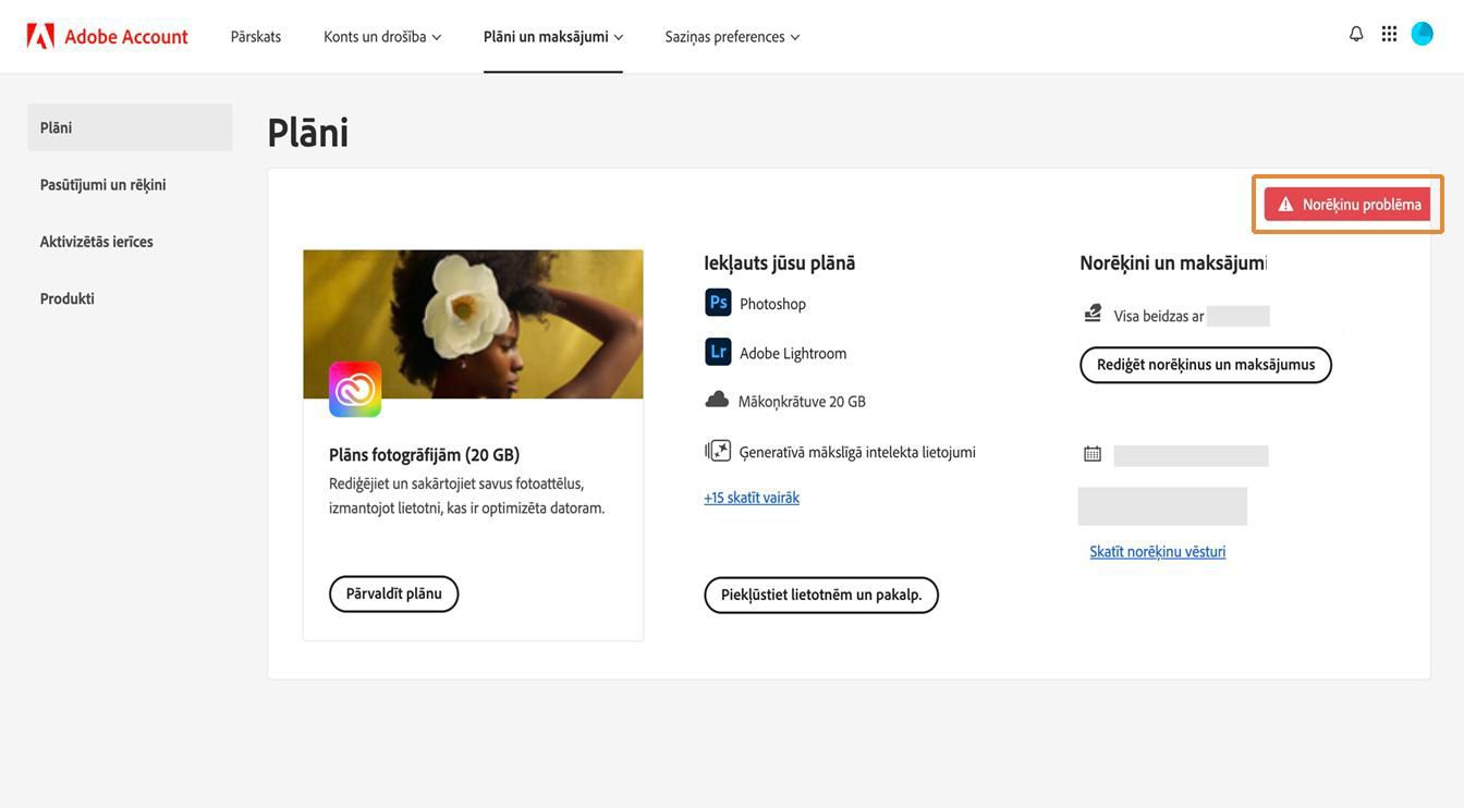 Norēķinu problēmas brīdinājums, kas atrodas plāna kartes augšējā labajā stūrī, norāda, ka jūsu maksājums nav izdevies.