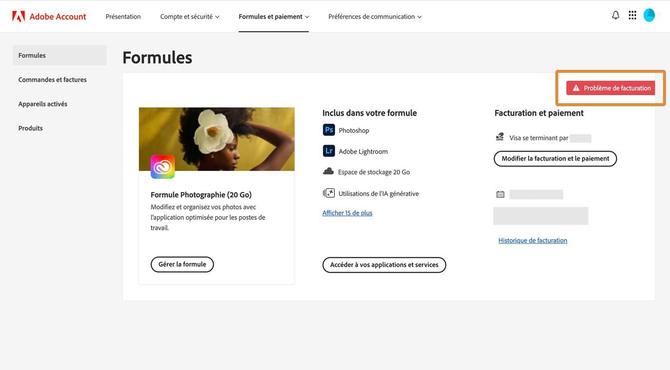 L’alerte Problème de facturation, située dans le coin supérieur droit d’une carte de formule, indique que votre paiement a échoué.