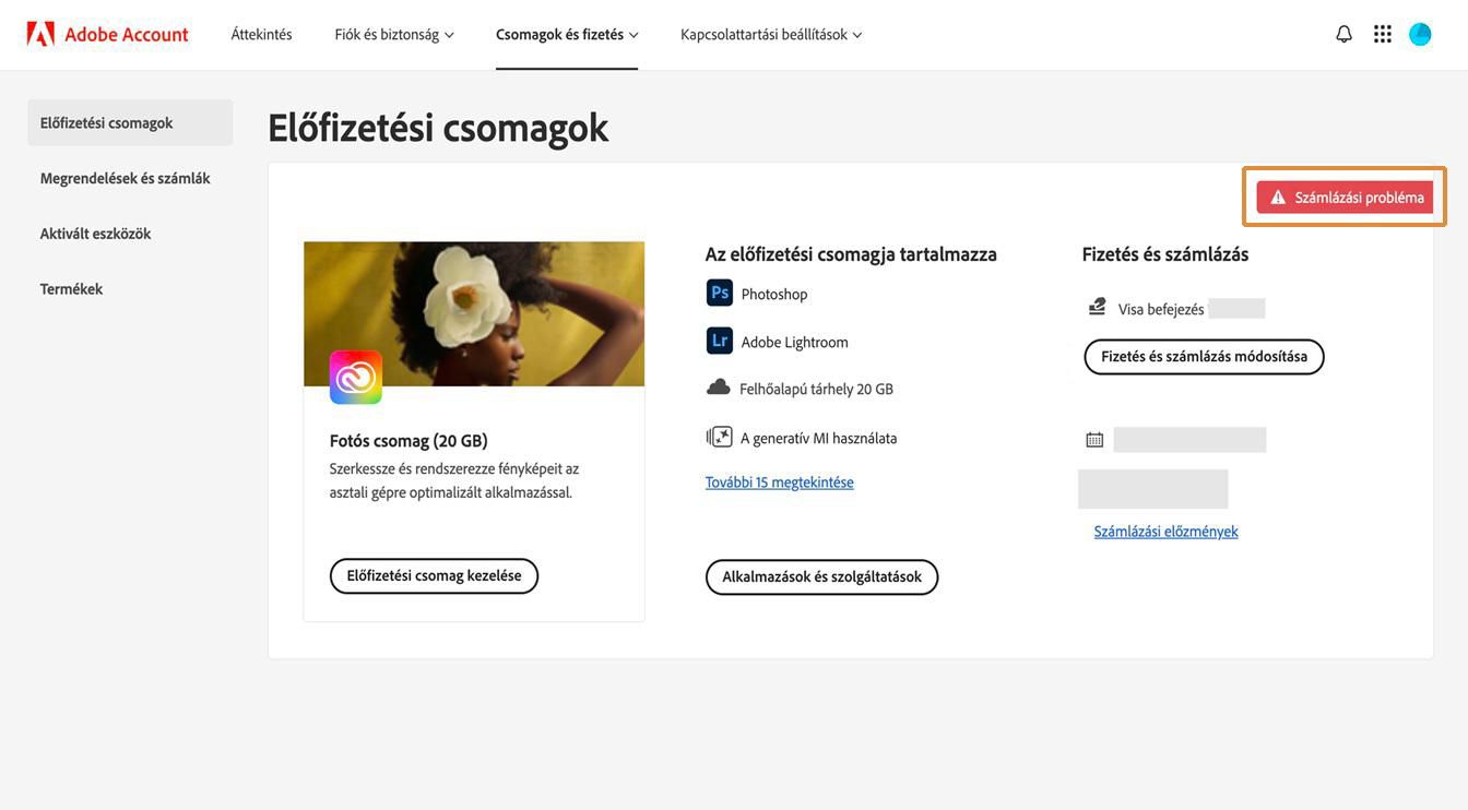 A Számlázási probléma figyelmeztetés, amely a csomagkártya jobb felső sarkában található, azt jelzi, hogy a fizetés nem sikerült.