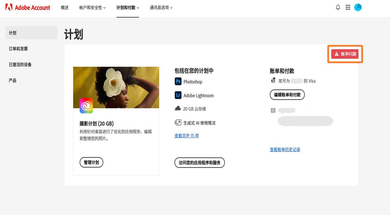 计费问题警报位于计划卡片右上角，表示您的支付失败。