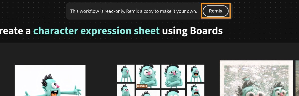 La schermata Lavagne visualizza un banner che indica che il flusso di lavoro è di sola lettura, con l'opzione Remix evidenziata per modificarlo.