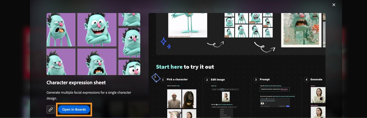 ボード画面には、「ボードで開く」オプションがハイライト表示されている「キャラクターの表情シート」ワークフローのプレビューが表示されています。