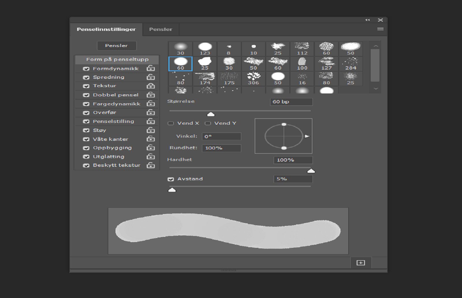 Penselinnstillinger-panelet viser penselkontroller og en sanntids strøkforhåndsvisning nederst.