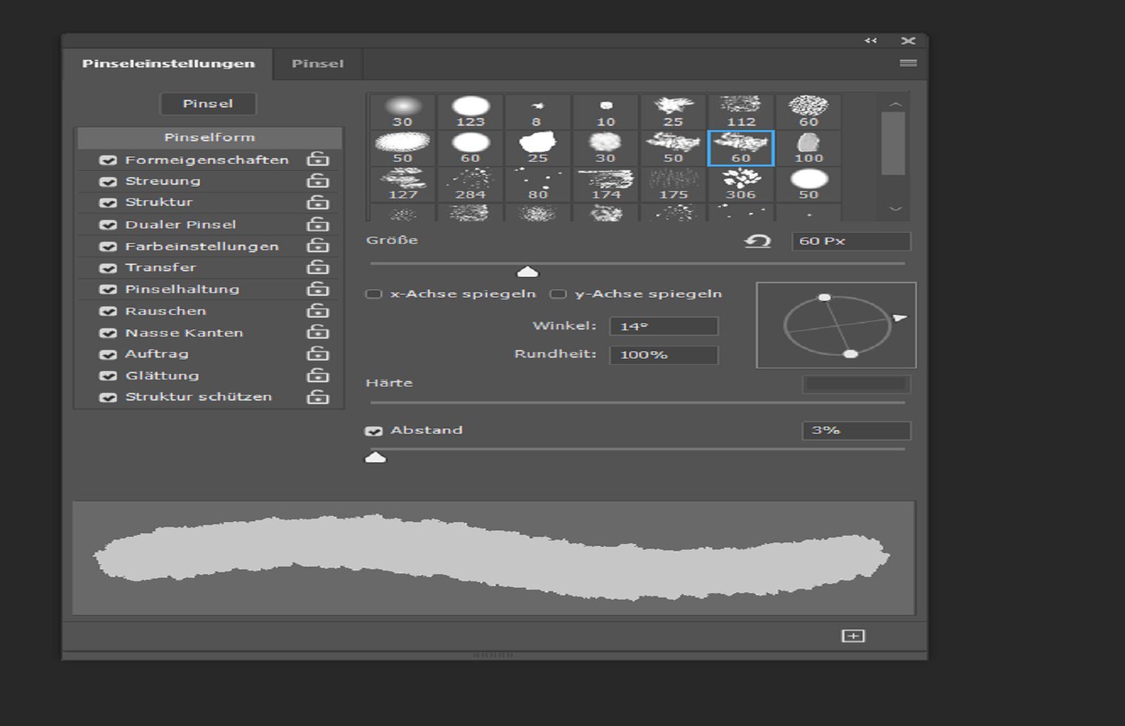 Pinsel-Einstellungsbedienfeld mit Pinselsteuerungen und einer Echtzeitvorschau des Striches am unteren Rand.
