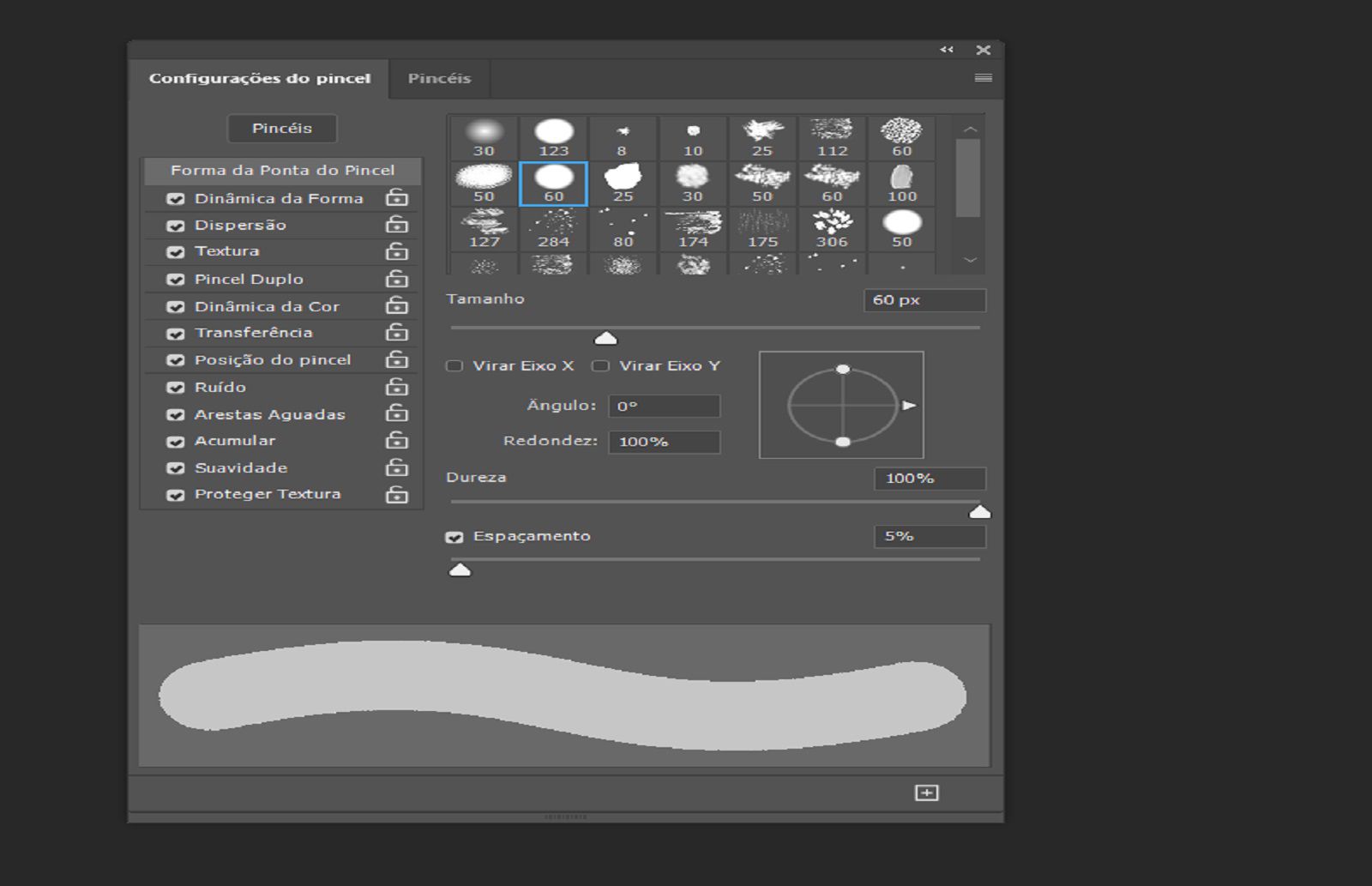 Painel Configurações de pincel mostrando controles de pincel e uma visualização de traço ao vivo na parte inferior. 
