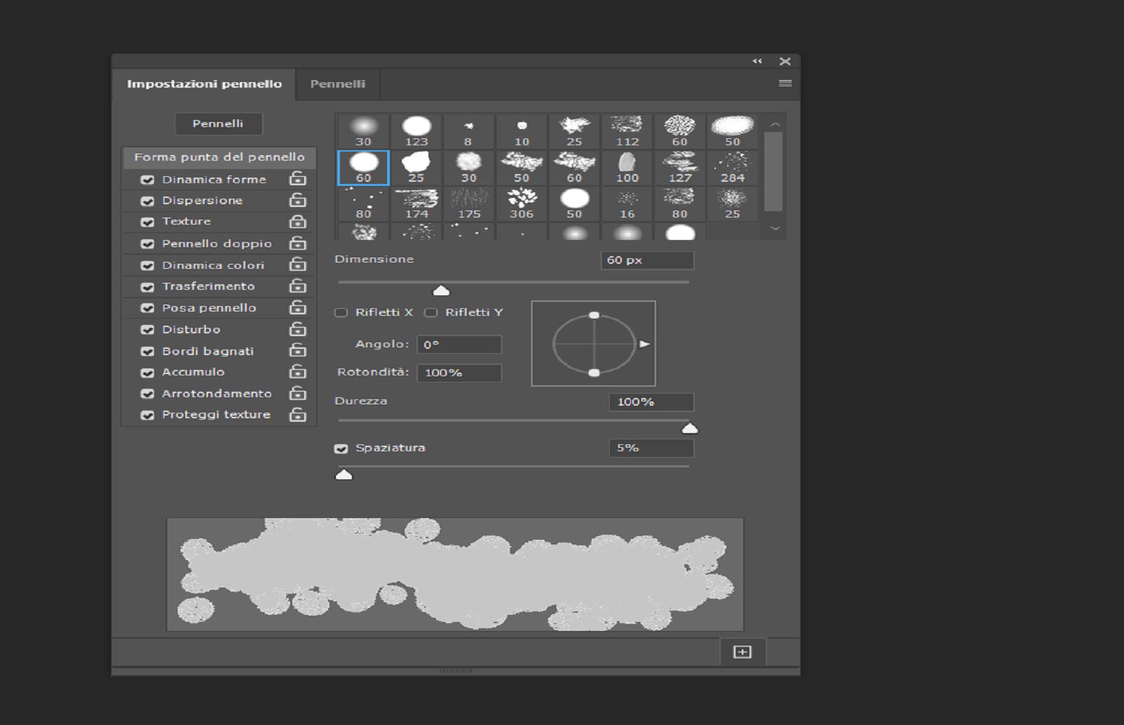 Pannello Impostazioni pennello che mostra i controlli del pennello e un'anteprima della traccia in tempo reale nella parte inferiore.
