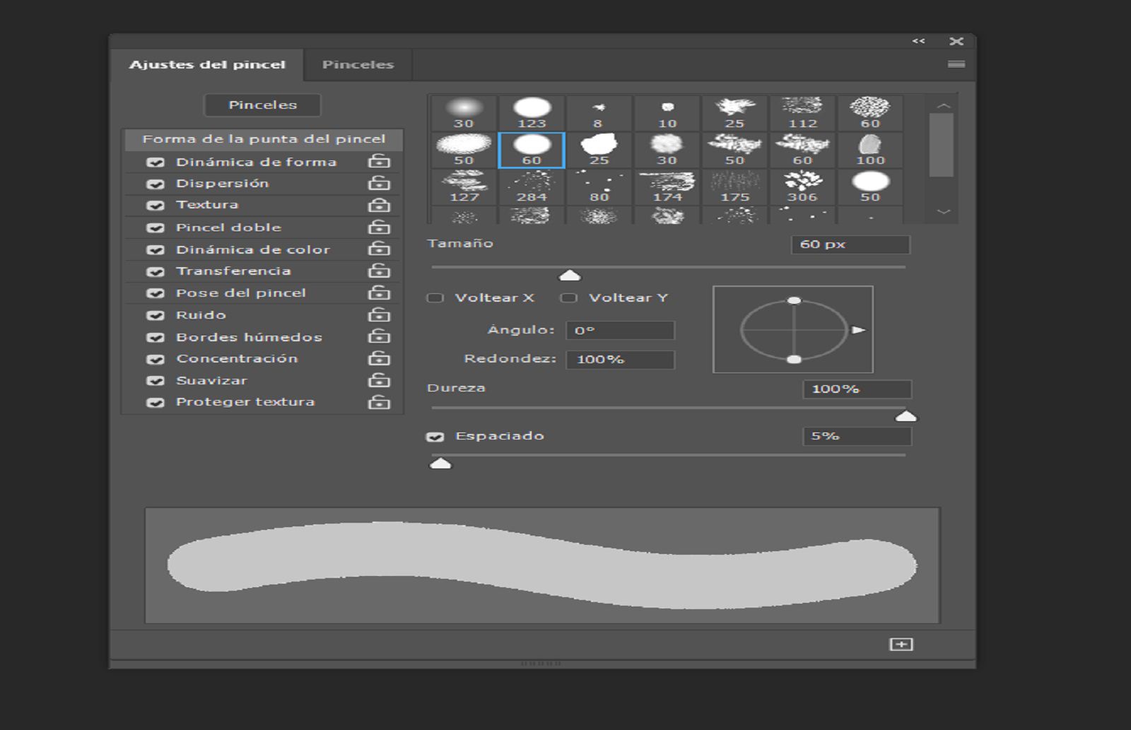 Panel Brush Settings mostrando los controles del pincel y una vista previa del trazo en directo en la parte inferior.