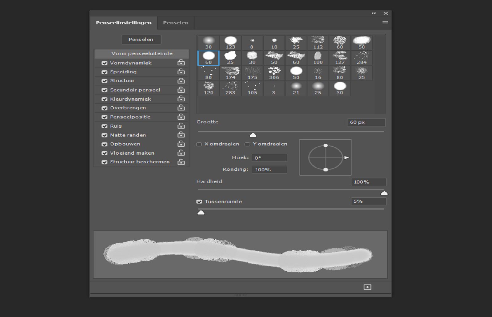 Deelvenster Instellingen met penseelopties en een live voorvertoning van de lijn onderaan.