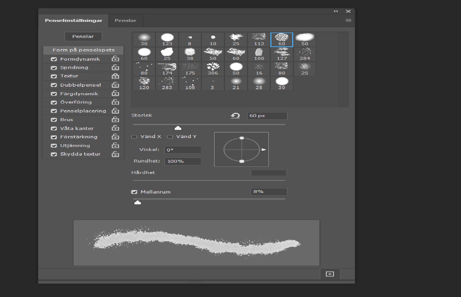 Brush Settings panel visar penselkontroller och en förhandsgranskning av penseldrag längst ner.