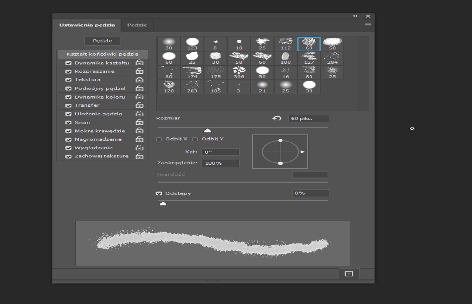 Panel Ustawienia pędzla z opcjami pędzla i aktywnym podglądem pociągnięcia u dołu