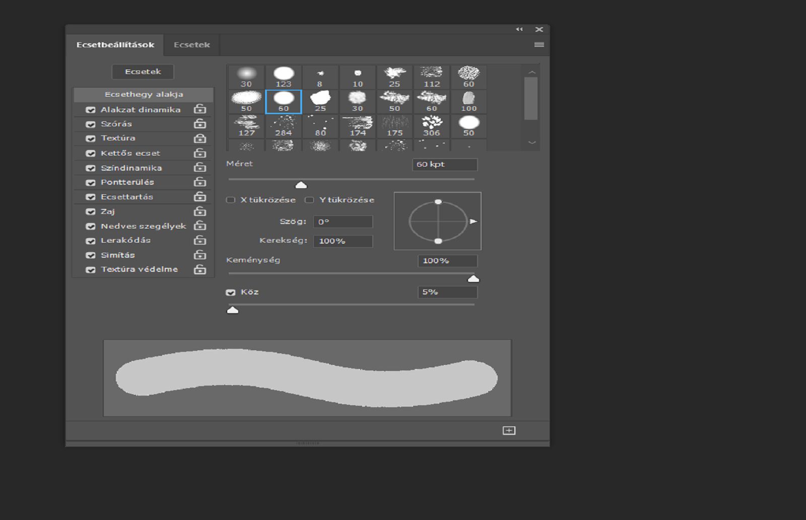 Az Ecsetbeállítások panel az ecsetvezérlőket és alul az élő ecsetvonás előnézetét mutatja.