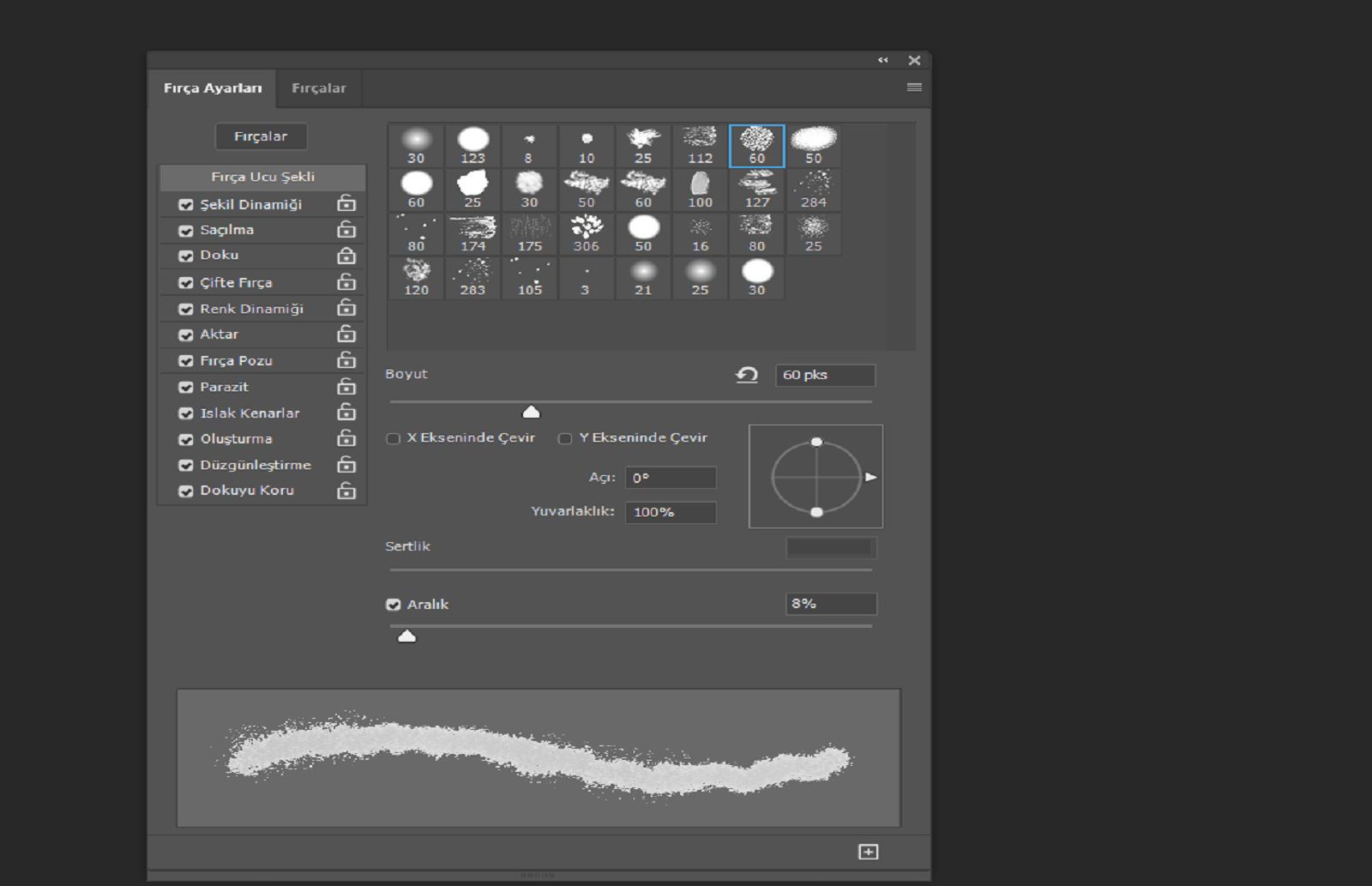 Fırça Ayarları paneli, fırça kontrollerini ve altta canlı vuruş önizlemesini gösteriyor.