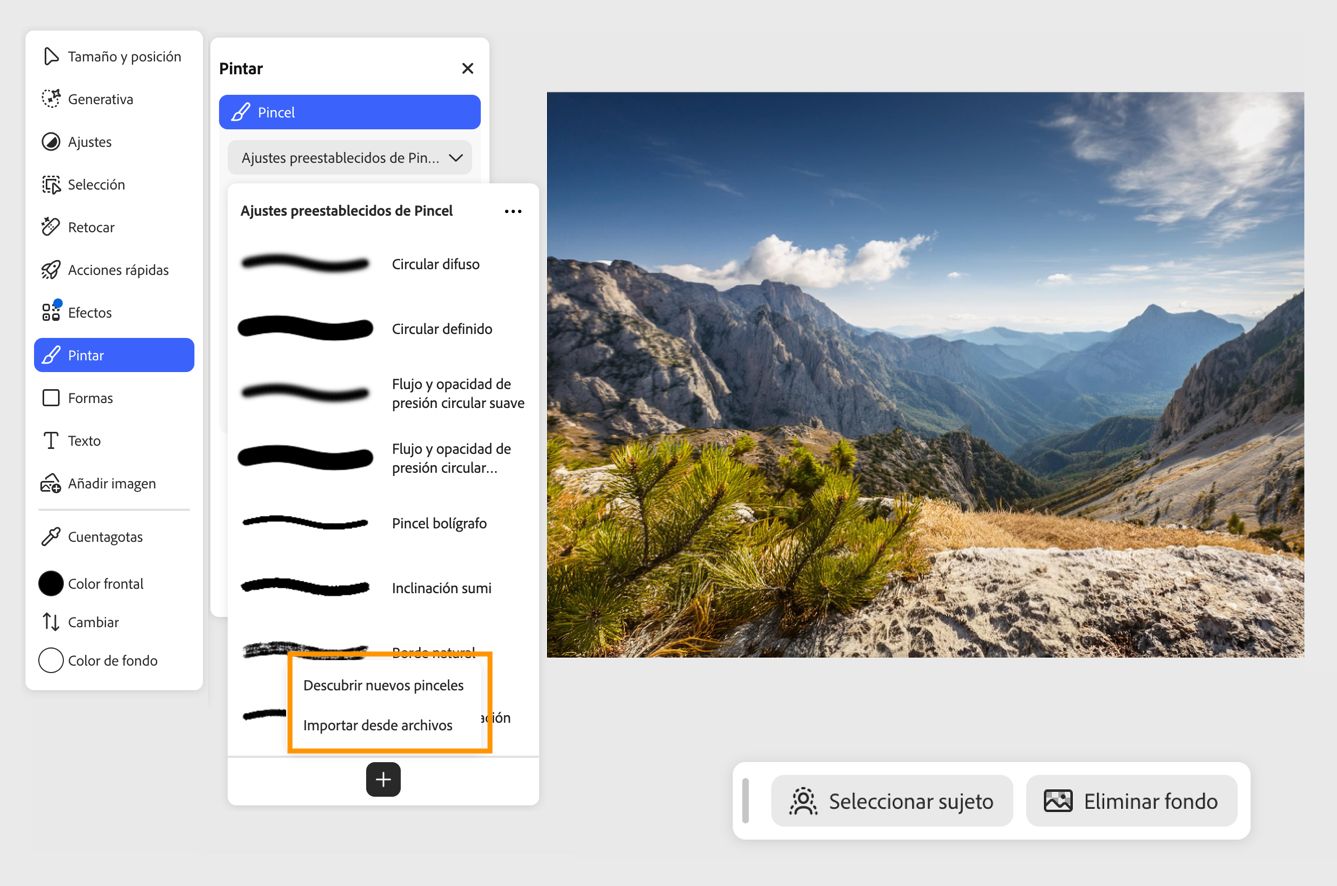 El panel Ajustes preestablecidos de pincel muestra las options Descubrir nuevos pinceles e Importación desde archivos para instalar pinceles personalizados.