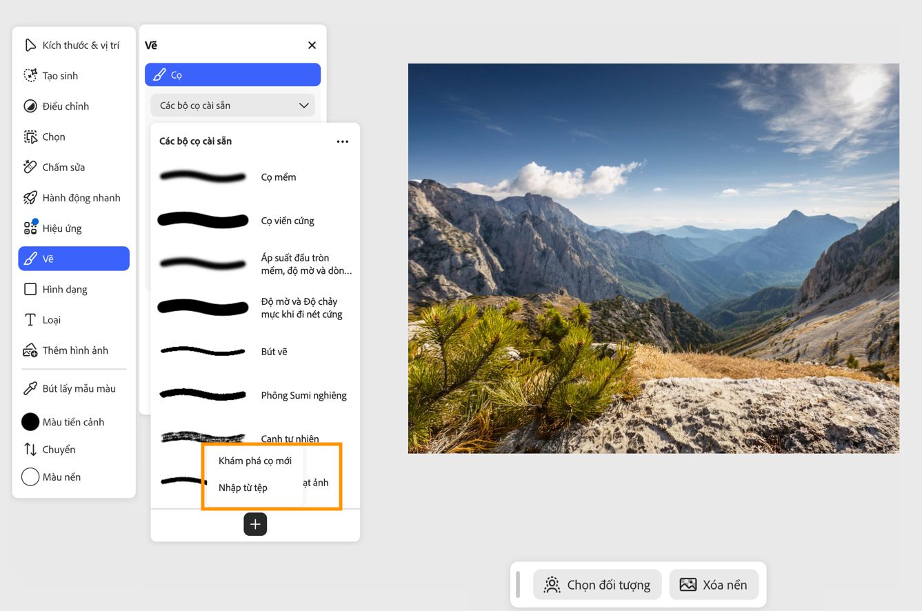 Bảng Thiết lập sẵn cọ hiển thị các tùy chọn Khám phá cọ mới và Nhập từ tập tin để cài đặt cọ vẽ tùy chỉnh.
