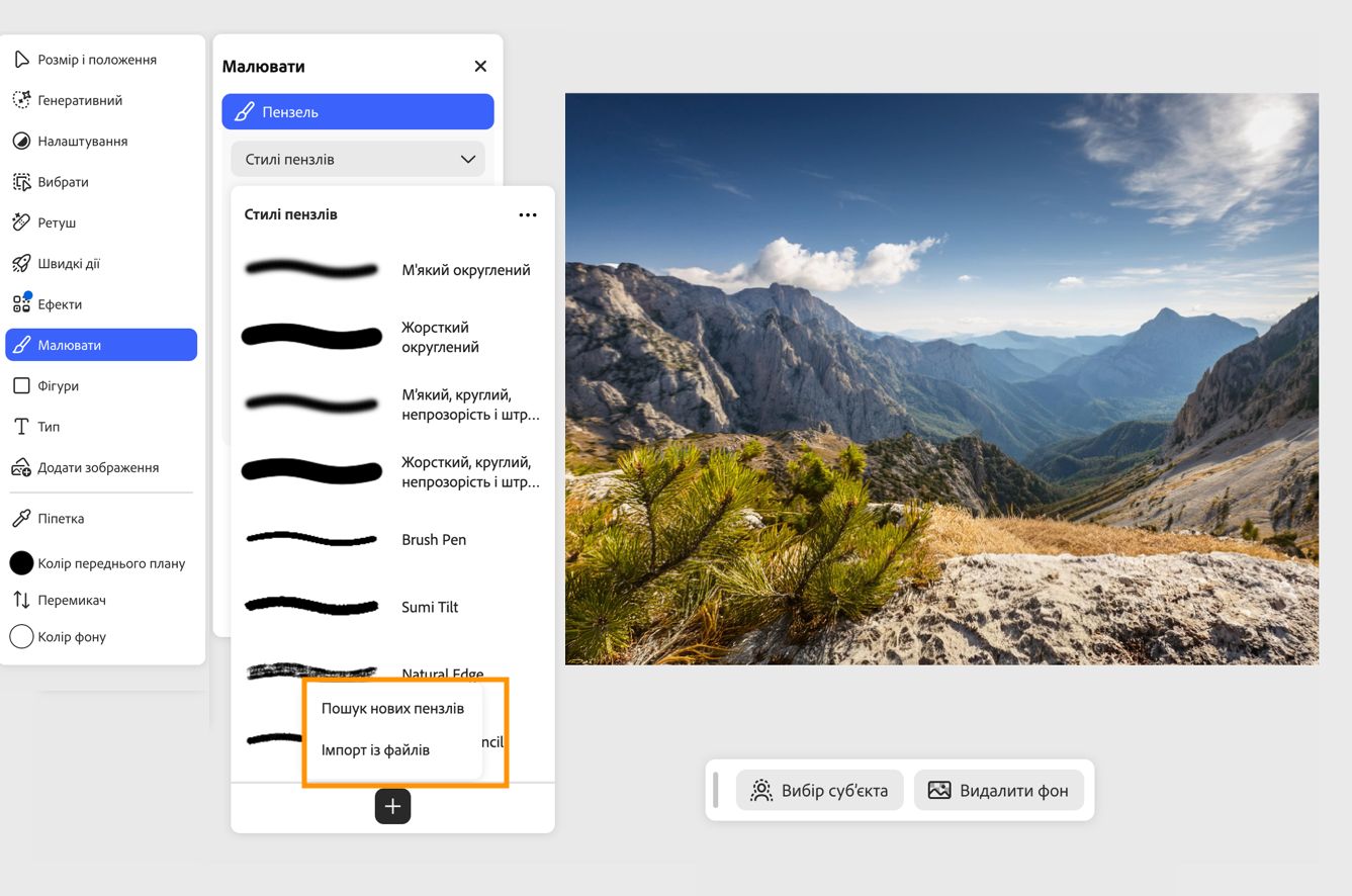 На панелі «Набори пензлів» відображаються варіанти «Знайти нові пензлі» та «Імпорт із файлів» для інсталяції користувацьких пензлів.
