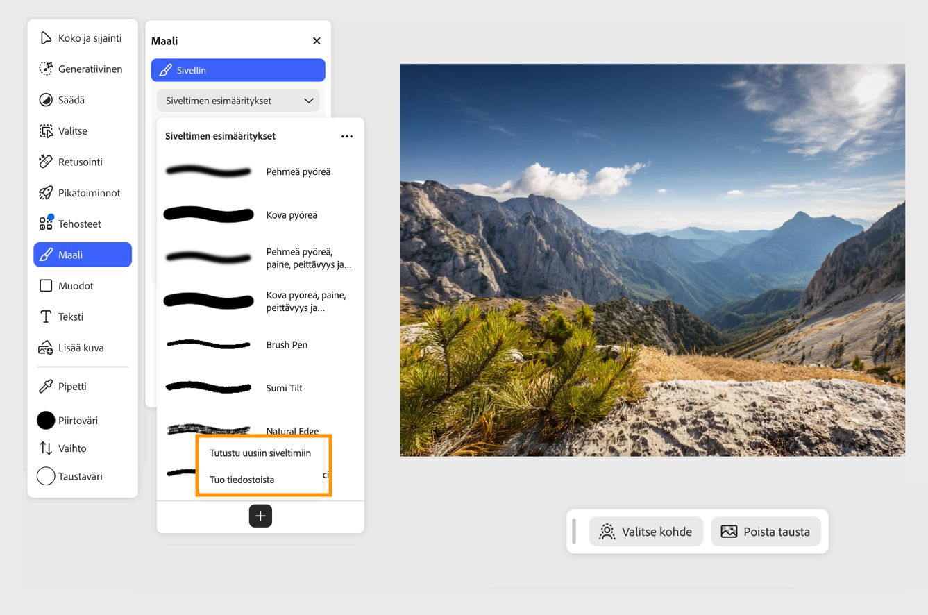 Siveltimen esimääritykset -paneelissa näkyvät Tutustu uusiin siveltimiin- ja Tuo tiedostoista -vaihtoehdot mukautettujen siveltimien asentamista varten.