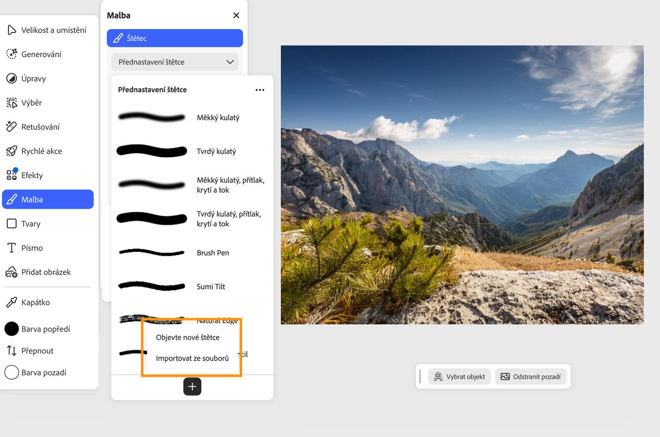 Panel Předvolby štětců zobrazuje možnosti Objevit nové štětce a Import ze souborů pro instalaci vlastních štětců.