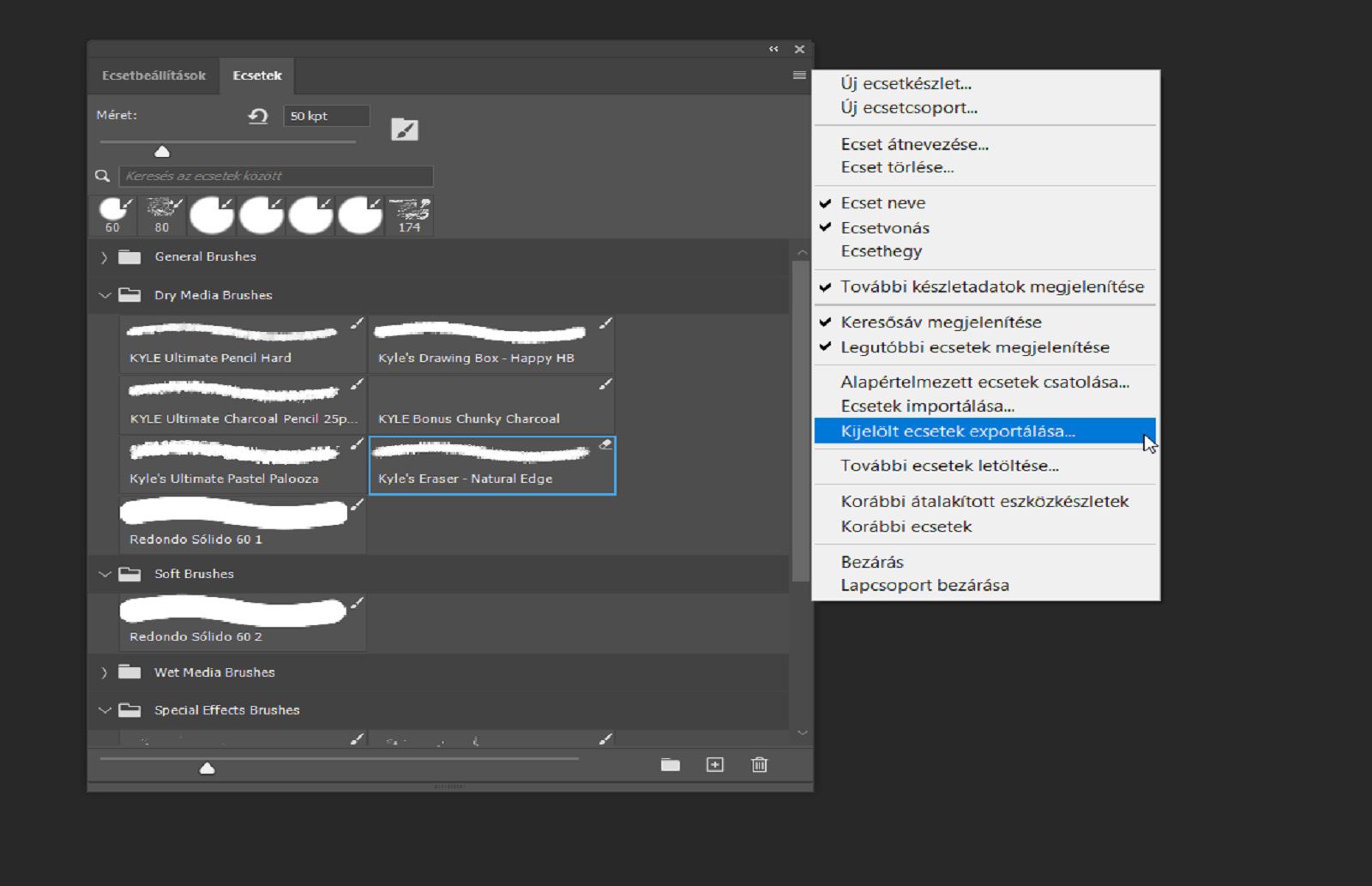 Az Ecsetek panel nyitva van, és a Kijelölt ecsetek exportálása lehetőség ki van emelve a helyi menüben.