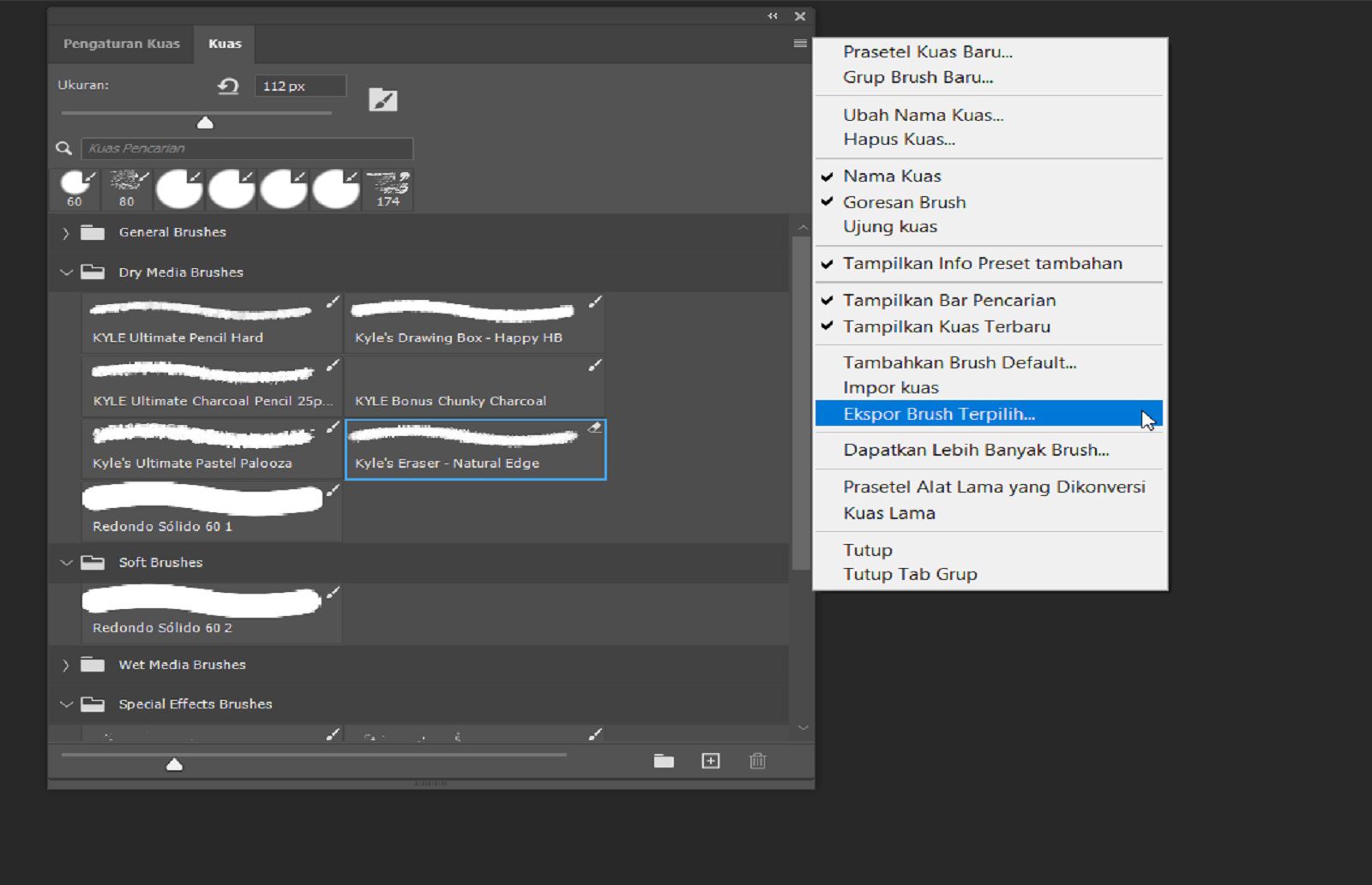 Panel Kuas terbuka, dan opsi Ekspor Kuas yang Dipilih disorot dalam menu konteks.
