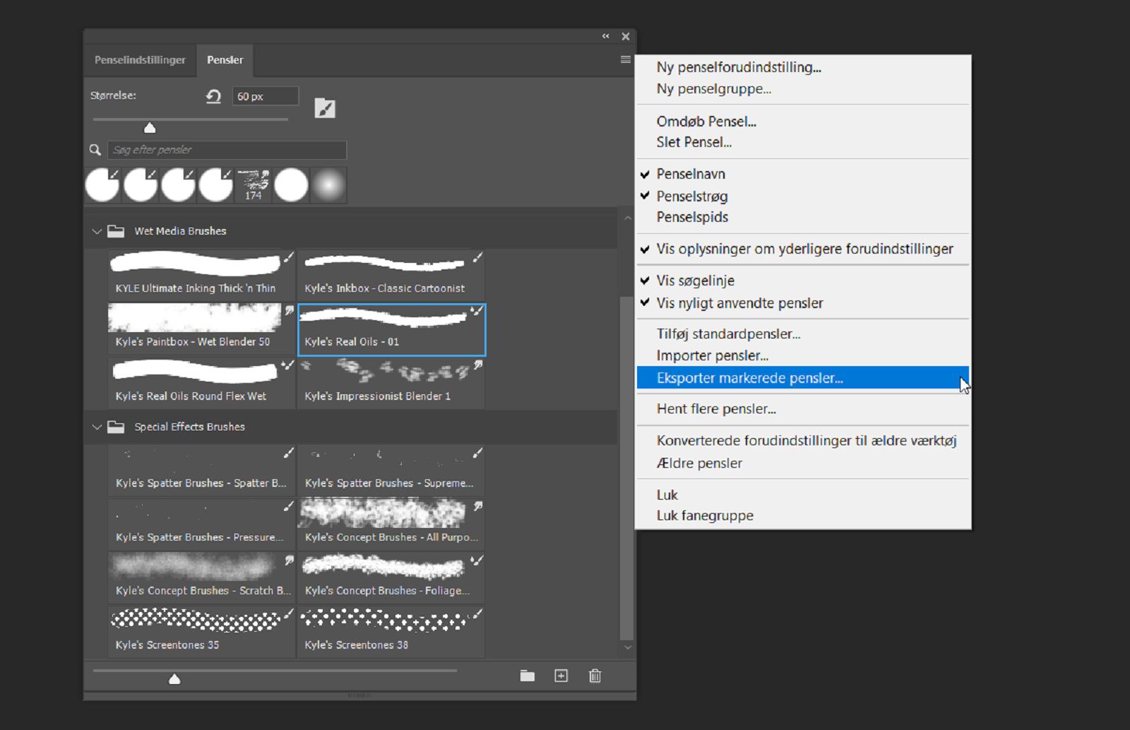 Panelet Pensler er åbent, og indstillingen Eksportér valgte pensler er fremhævet i genvejsmenuen. 