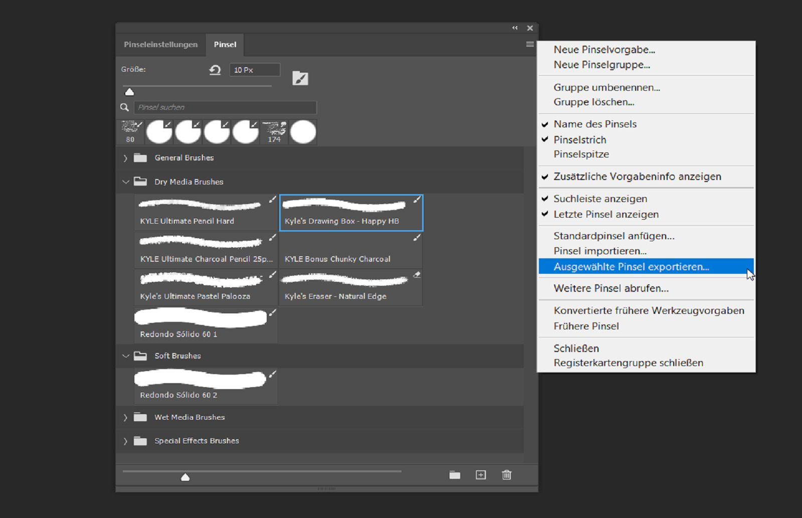Das Pinsel-Panel ist geöffnet, und die Option Export Selected Brushes ist im Kontextmenü markiert. 