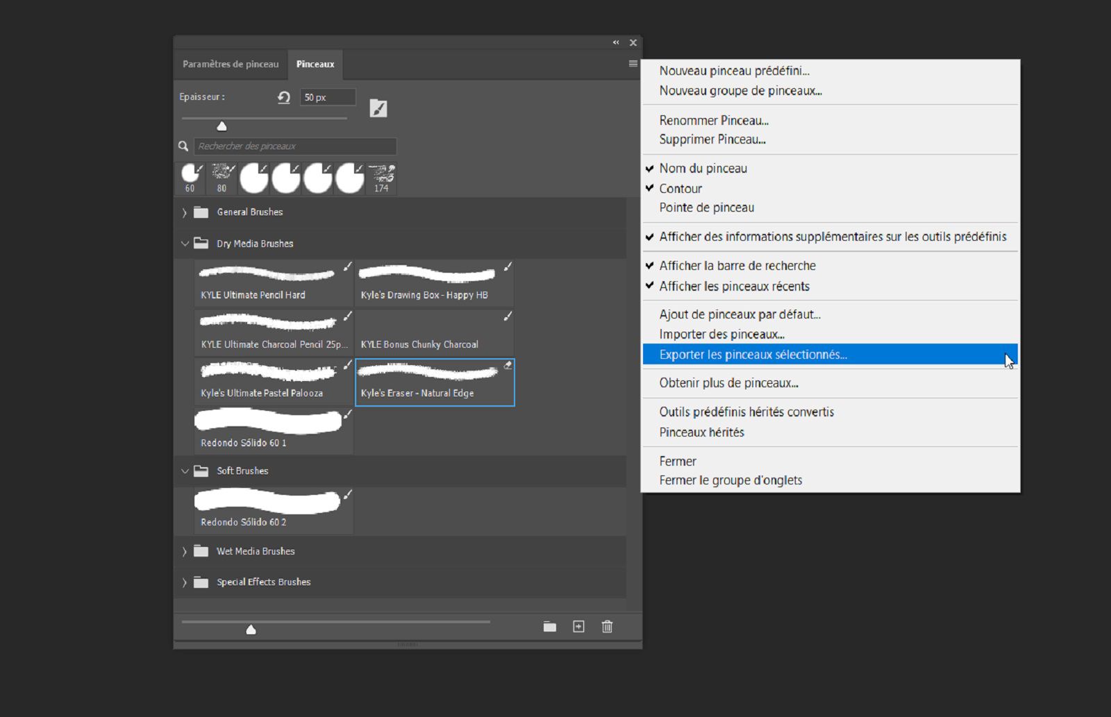 Le panneau Pinceaux est ouvert et l’option Exporter les pinceaux sélectionnés est mise en surbrillance dans le menu contextuel. 