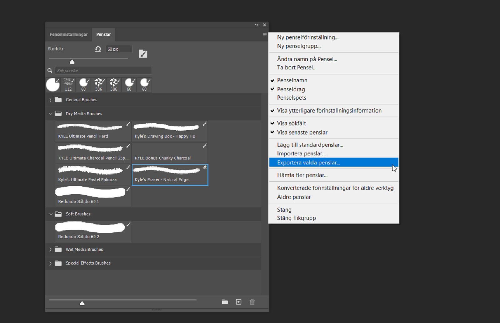 Panelen Penslar är öppen och alternativet Export Selected Brushes är markerat i snabbmenyn.