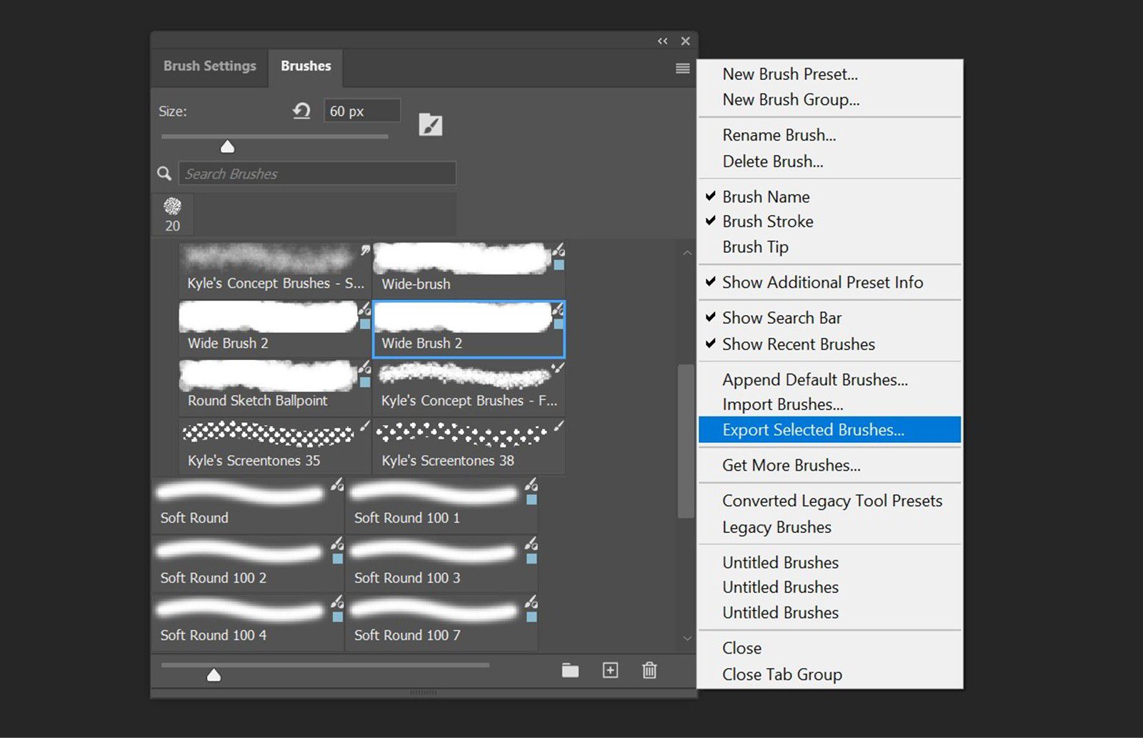 لوحة Brushes مفتوحة، وخيار Export Selected Brushes مميز في القائمة السياقية. 