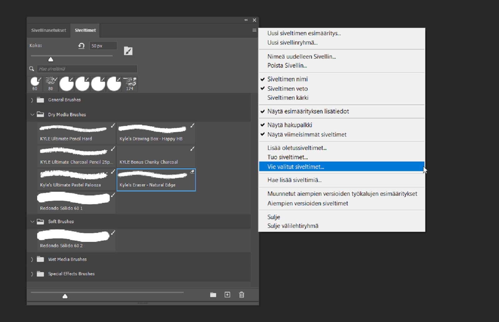 Siveltimet-paneeli on auki, ja Vie valitut siveltimet -vaihtoehto on korostettu pikavalikossa. 