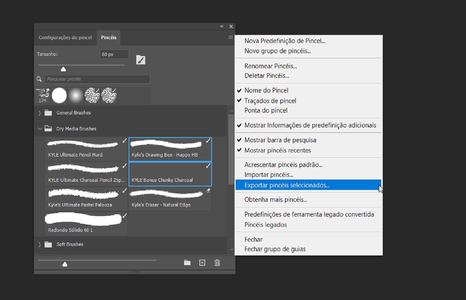 O painel Pincéis está aberto, e a opção Exportar Pincéis Selecionados está destacada no menu de contexto. 