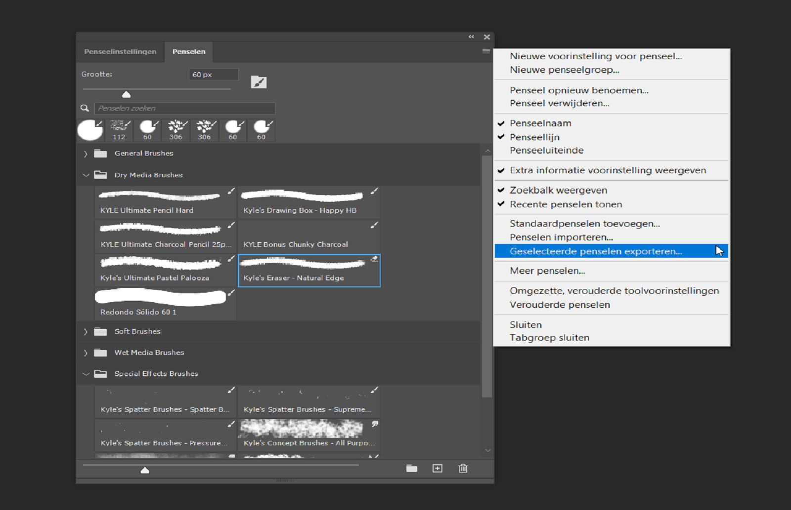 Het Brushes-paneel is geopend en de optie Export Selected Brushes is gemarkeerd in het contextmenu.