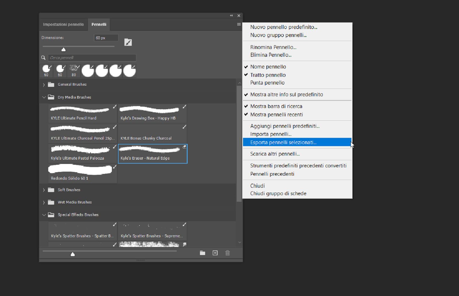 Il pannello Pennelli è aperto e l'opzione Esporta pennelli selezionati è evidenziata nel menu contestuale.