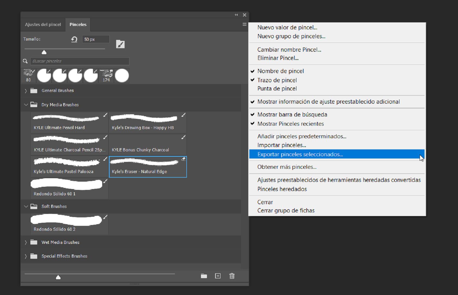 El panel Brushes está abierto y la opción Export Selected Brushes está resaltada en el menú contextual.