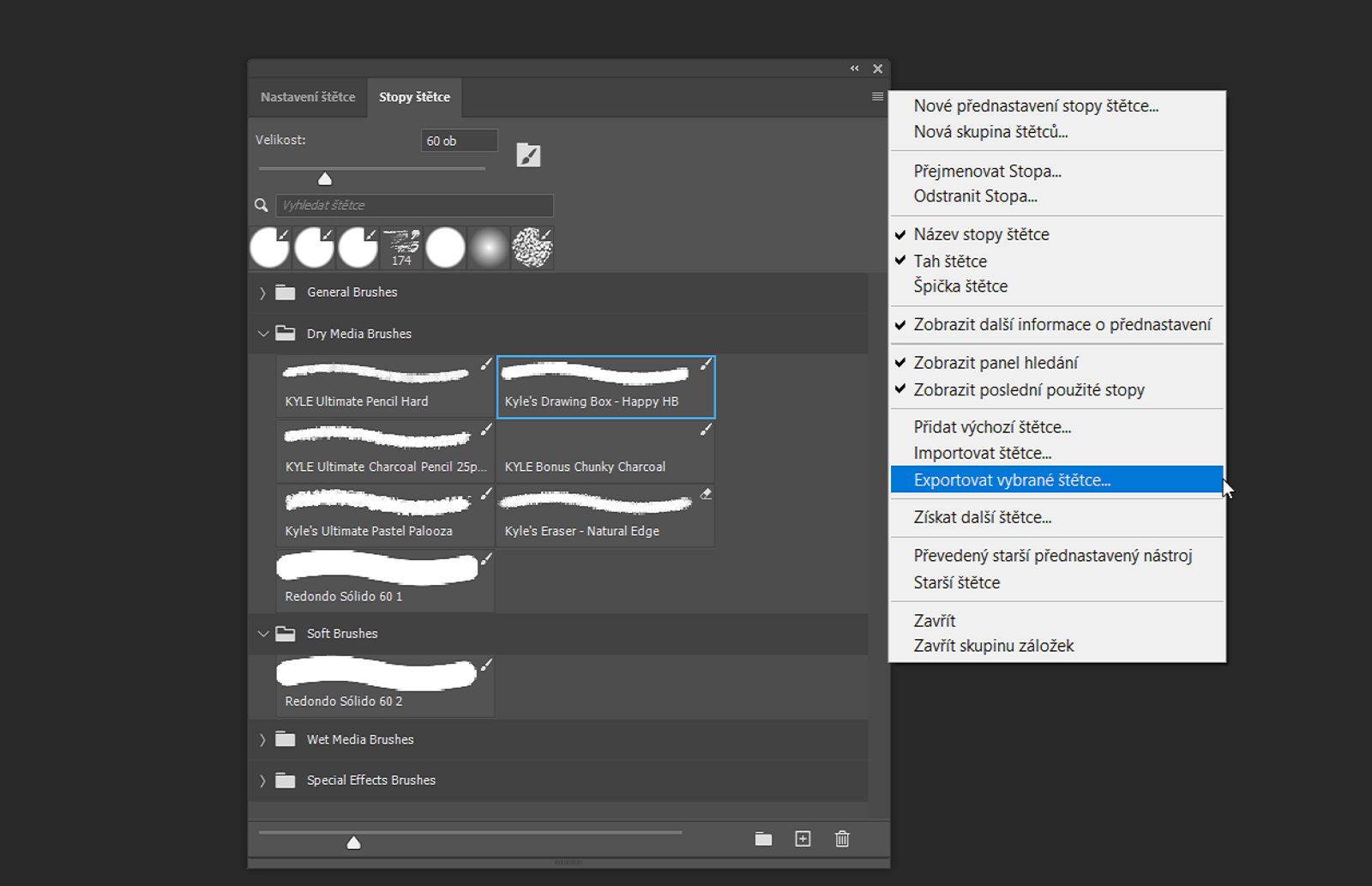 Panel Štětce je otevřený a možnost Exportovat vybrané štětce je zvýrazněna v kontextové nabídce.