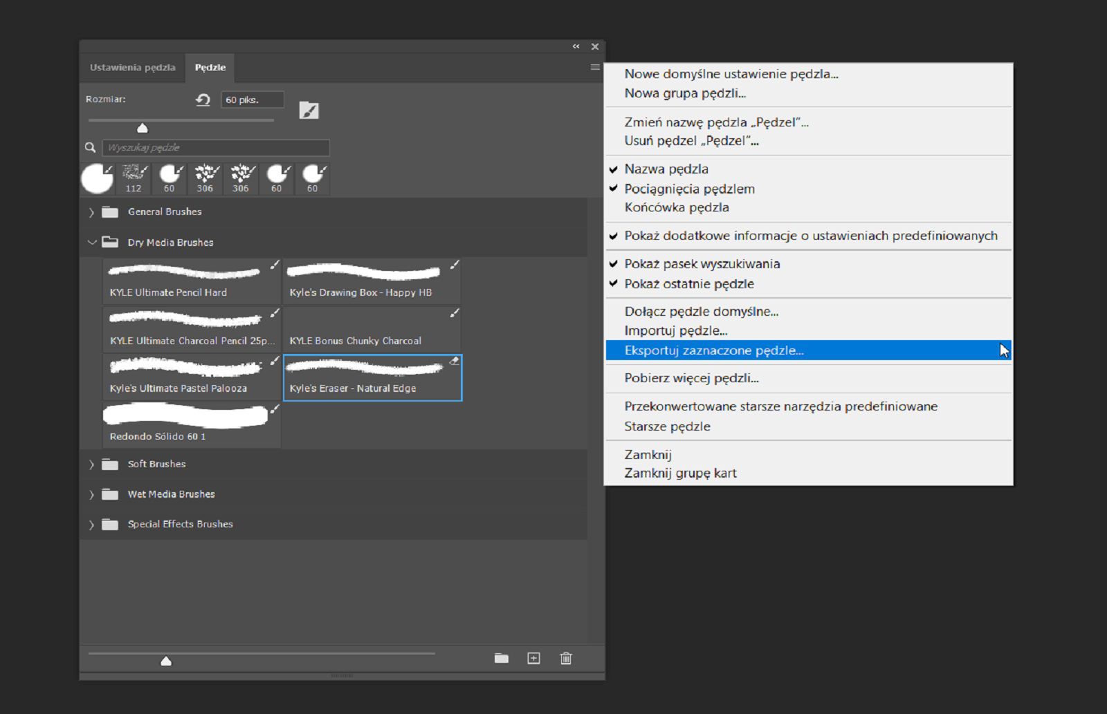 Panel Brushes jest otwarty, a opcja Export Selected Brushes jest podświetlona w menu kontekstowym.