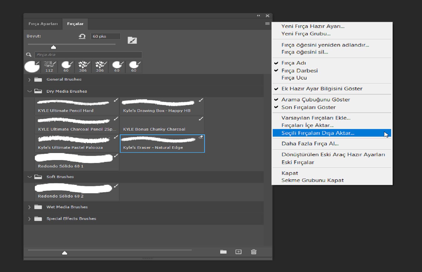 Fırçalar paneli açık ve bağlam menüsünde Seçili Fırçaları Dışa Aktar seçeneği vurgulanmış.