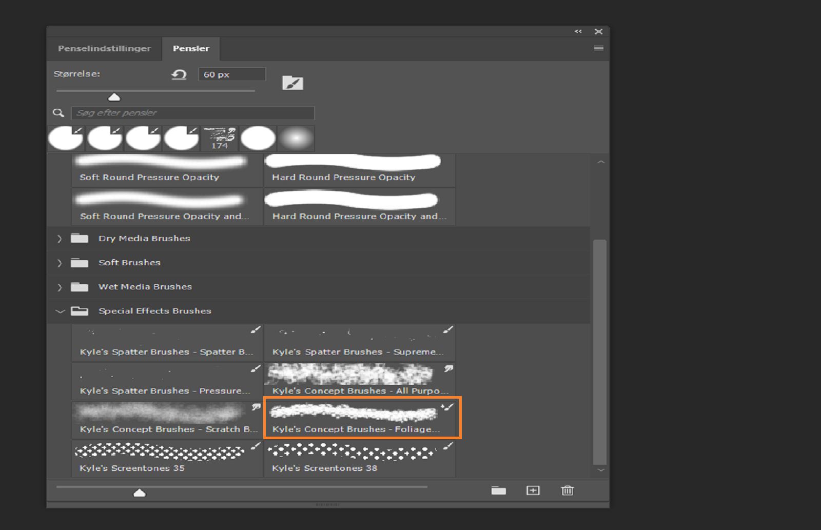 Penselpanelet viser tilgængelige penselforudindstillinger med én pensel valgt.