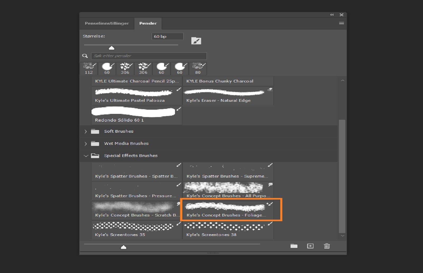 Pensler-panelet viser tilgjengelige penselforhåndsinnstillinger med én pensel valgt.