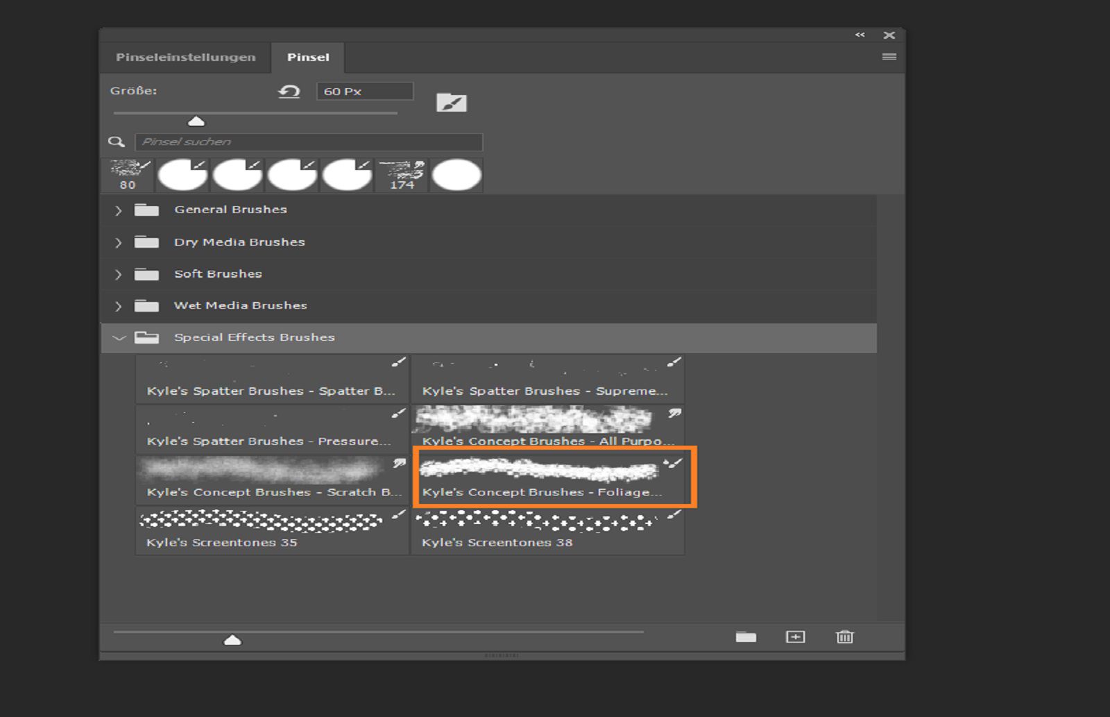 Das Pinsel-Panel zeigt die verfügbaren Pinselvorgaben, wobei ein Pinsel ausgewählt ist.