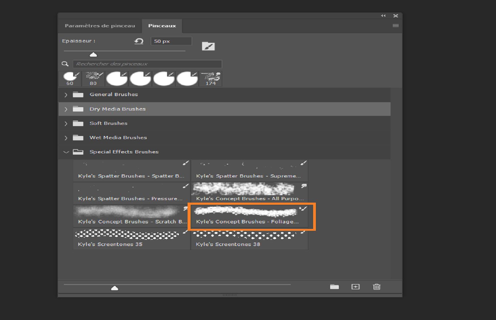 Le panneau Pinceaux affiche les pinceaux prédéfinis disponibles avec un pinceau sélectionné.