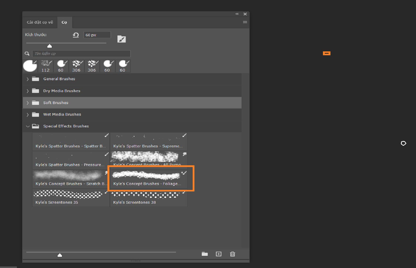 Bảng Cọ hiển thị các loại cọ thiết lập sẵn với một cọ được chọn.
