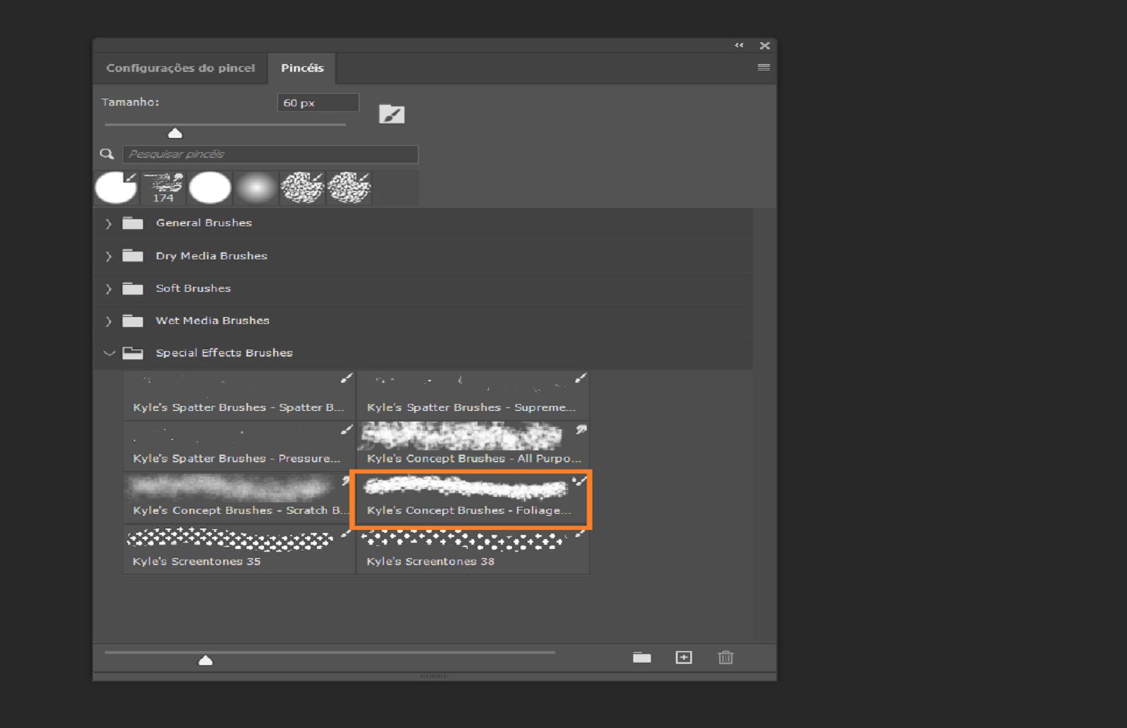 O painel Pincéis mostra os pincéis predefinidos disponíveis com um pincel selecionado. 
