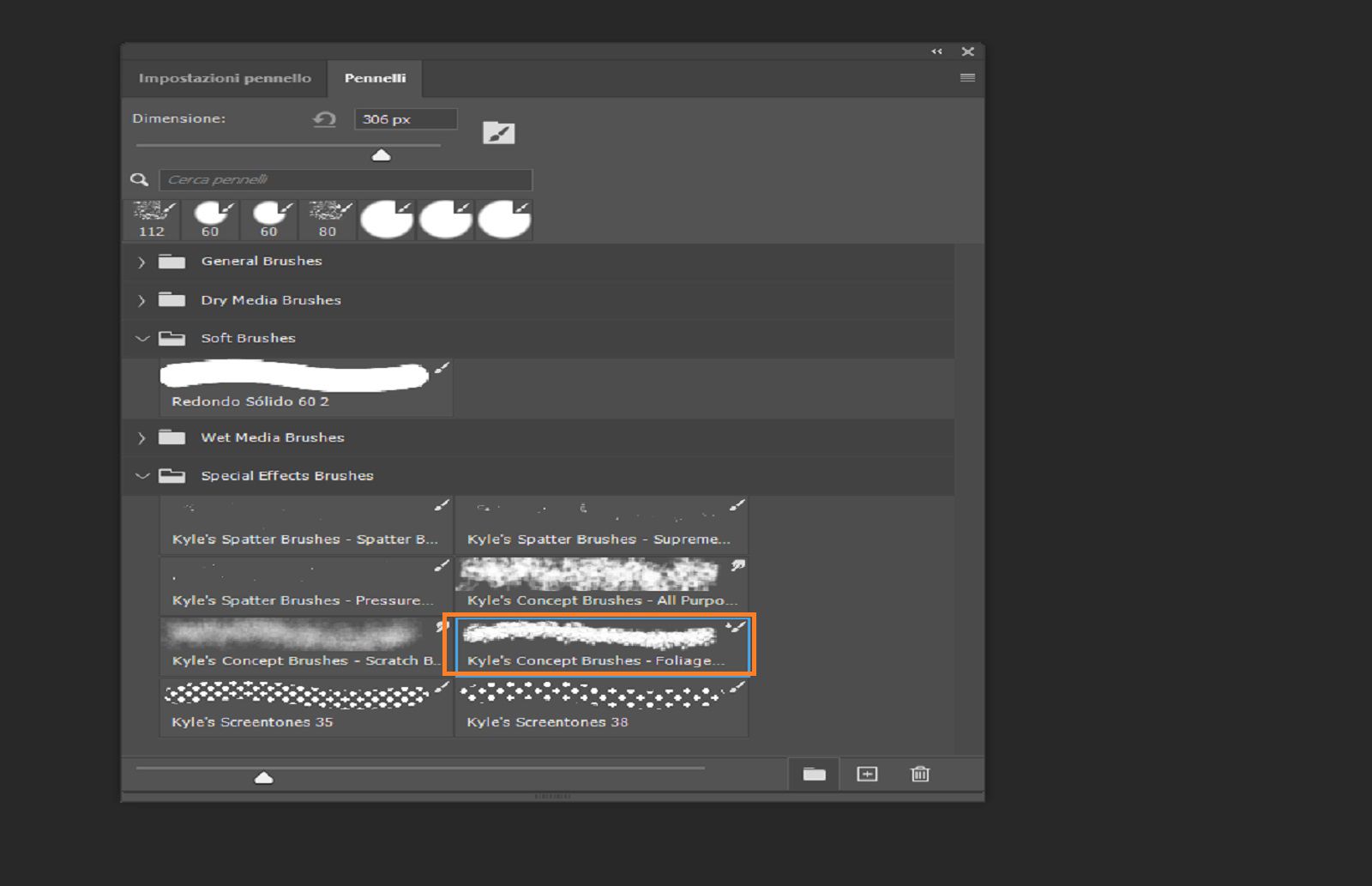 Il pannello Pennelli mostra i pennelli predefiniti disponibili con un pennello selezionato.