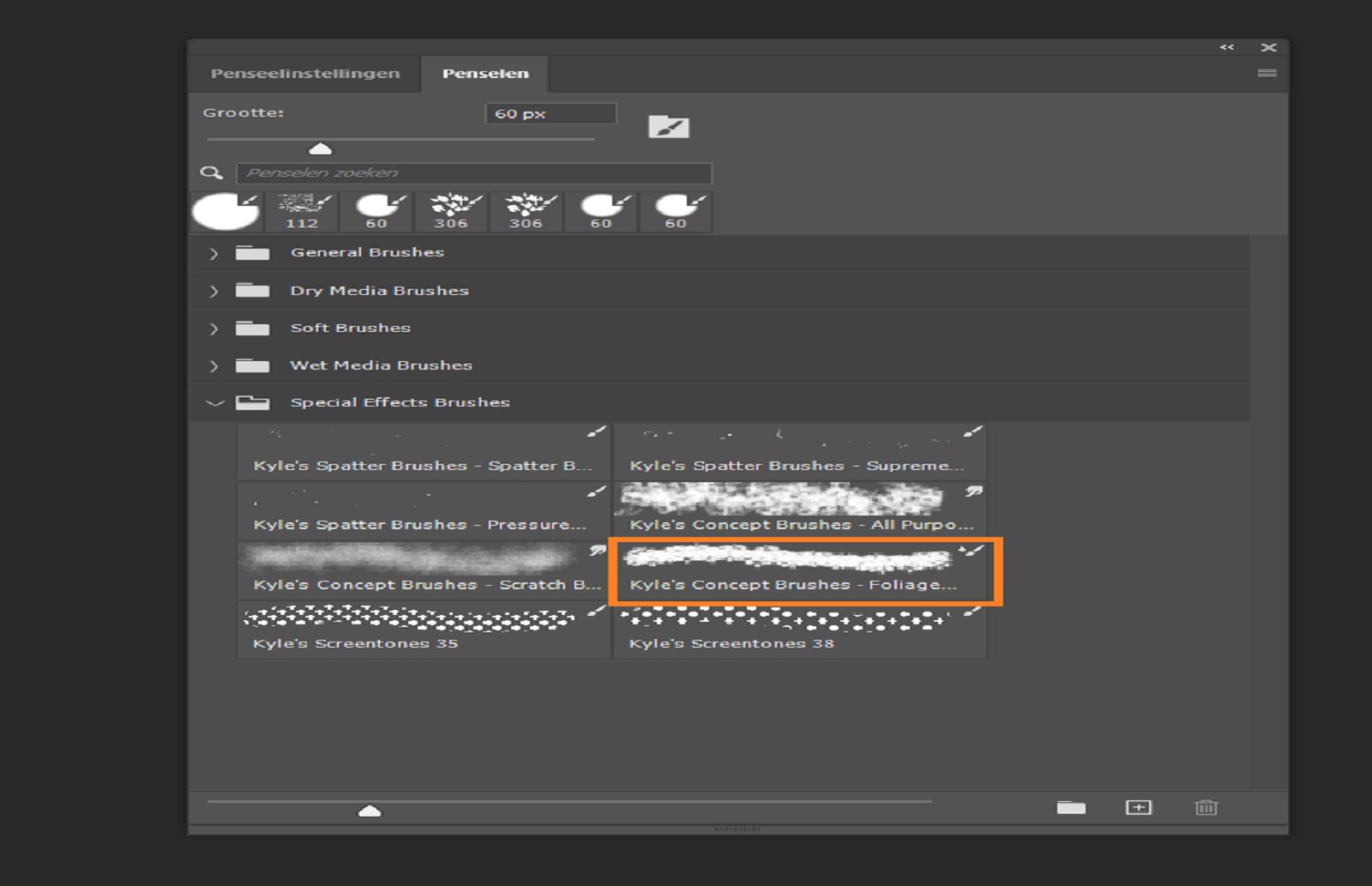 Het deelvenster Penselen toont beschikbare voorinstellingen voor penselen met één geselecteerd penseel.