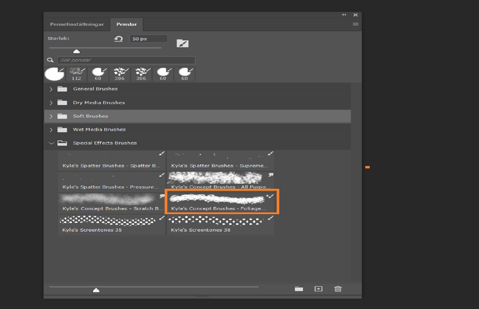 Brushes panel visar tillgängliga penselförinställningar med en pensel vald.