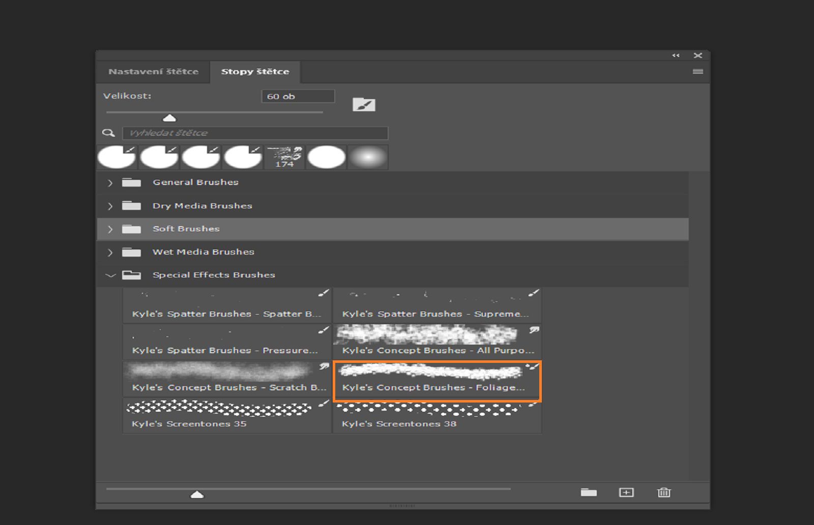 Na panelu Štětce jsou zobrazena dostupná přednastavení štětců a jeden štětec je vybrán.
